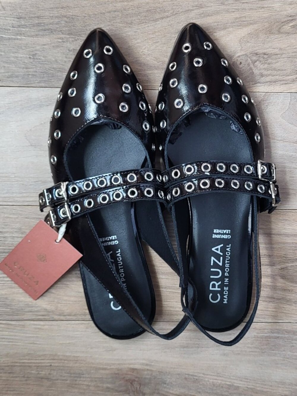 Cruza Black Celina Leather Studded Slingback Flats Size 7.5